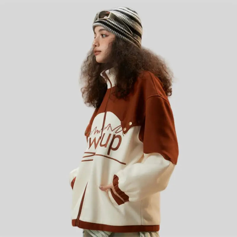 Campus jacket with flamboyant stand collar in trendy patchwork design - varsity jackets