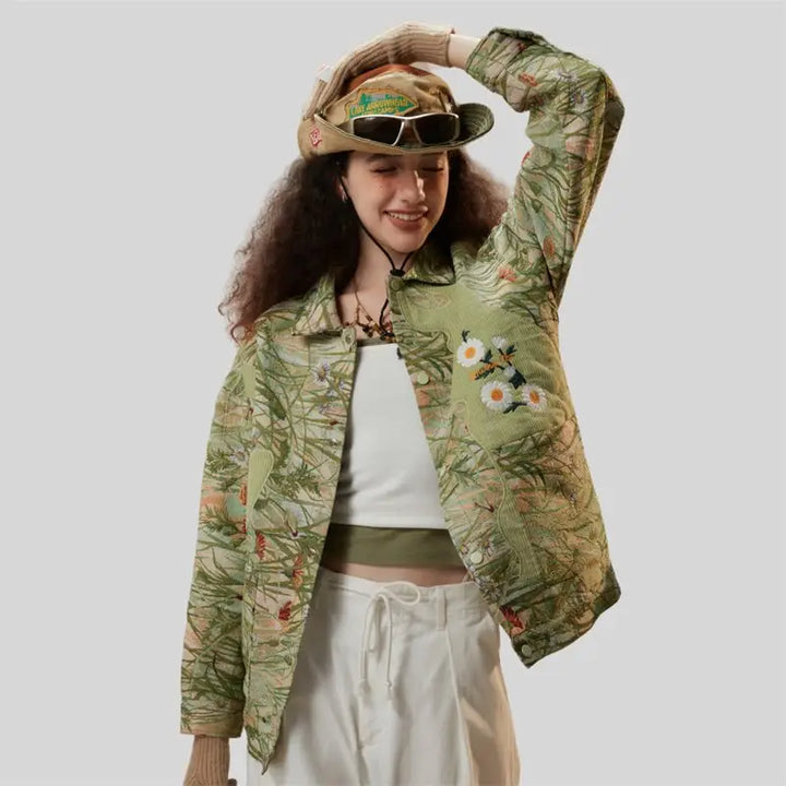 Daisy floral print jacket in y2k streetwear style - green / m