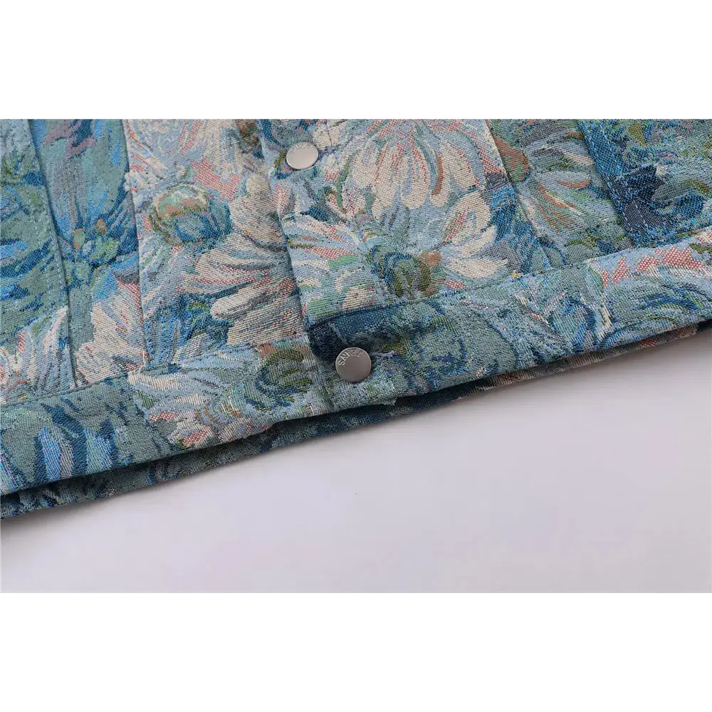 Y2k denim floral jacquard jacket with flap collar - jackets