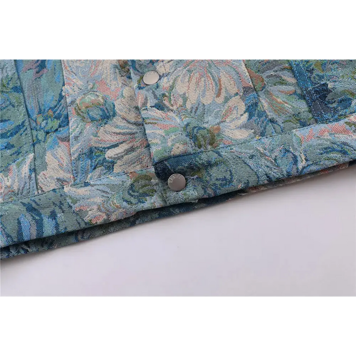 Y2k denim floral jacquard jacket with flap collar - jackets