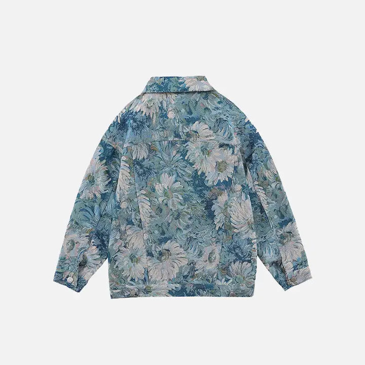 Y2k denim floral jacquard jacket with flap collar - jackets