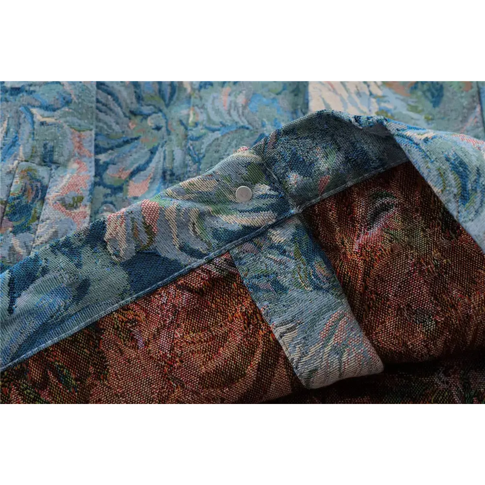 Y2k denim floral jacquard jacket with flap collar - jackets