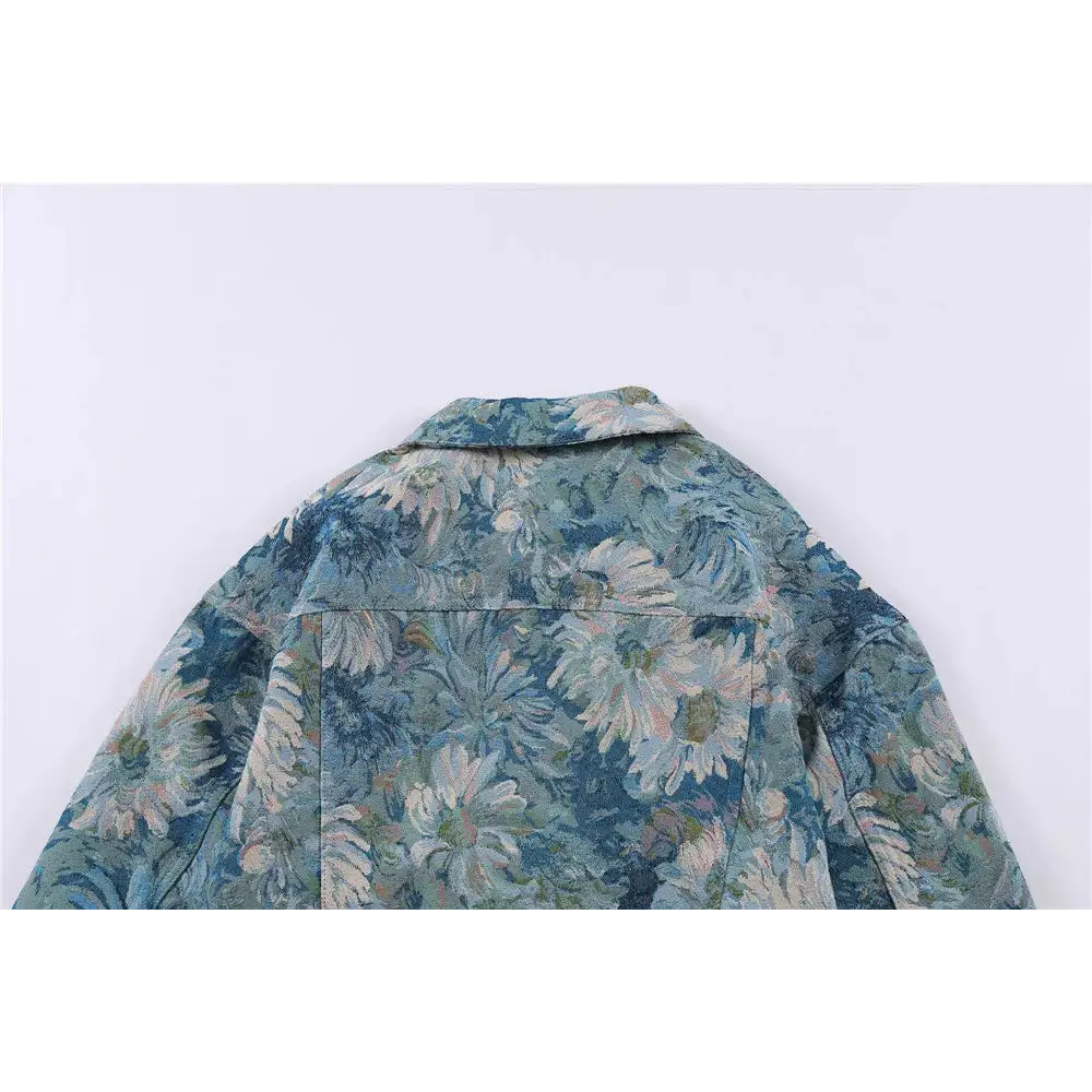 Y2k denim floral jacquard jacket with flap collar - jackets