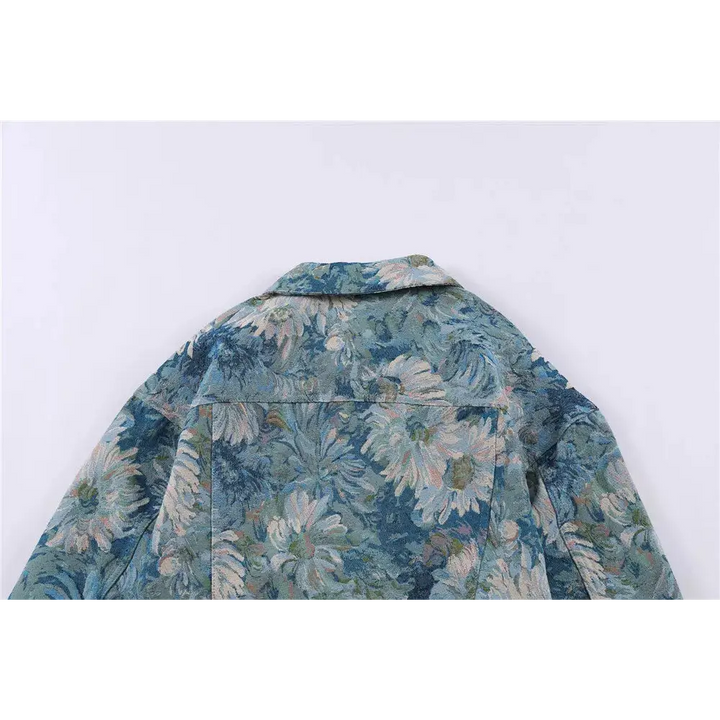 Y2k denim floral jacquard jacket with flap collar - jackets