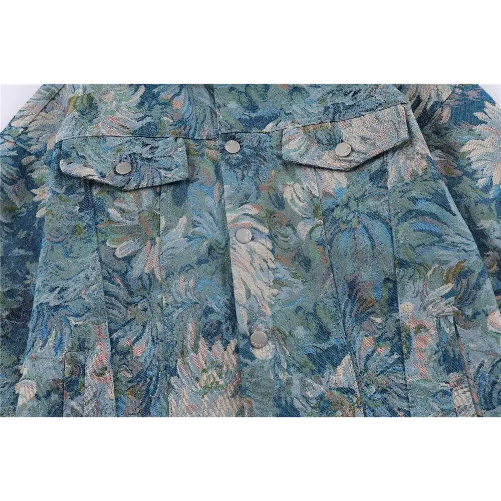 Y2k denim floral jacquard jacket with flap collar - jackets