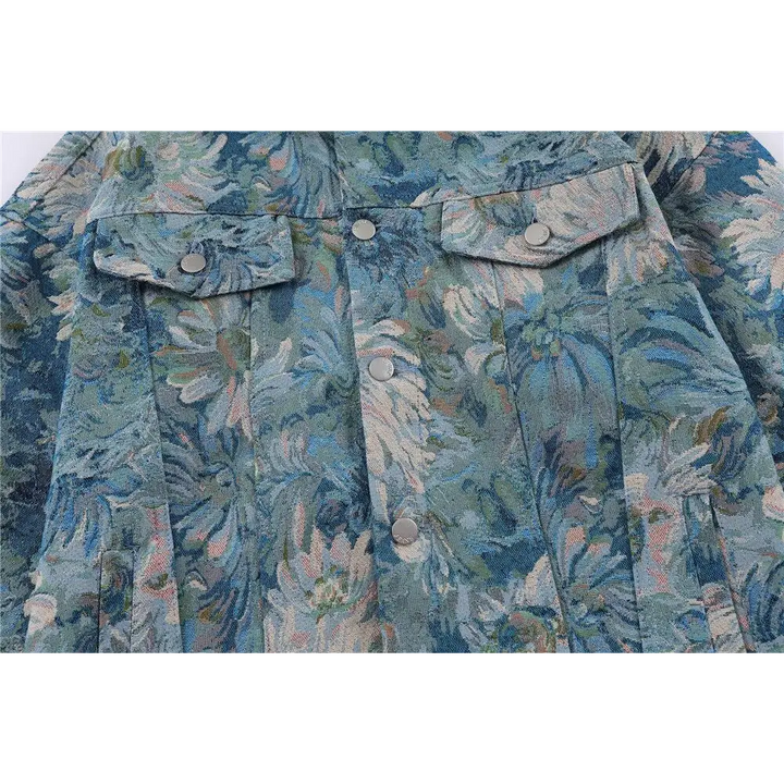 Y2k denim floral jacquard jacket with flap collar - jackets