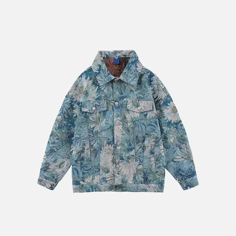 Y2k denim floral jacquard jacket with flap collar - blue / s - jackets