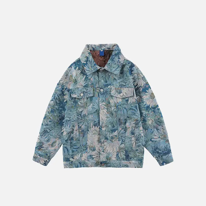 Y2k denim floral jacquard jacket with flap collar - blue / s - jackets
