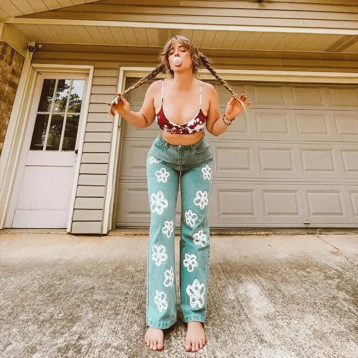 Y2k floral jeans - chic and trendy bohemian style