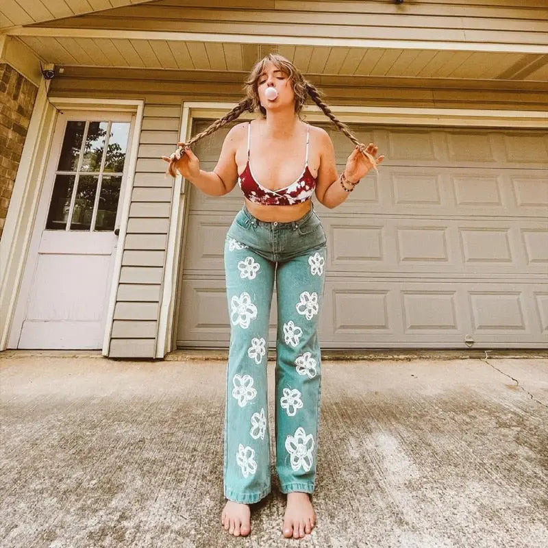 Y2k floral jeans - chic and trendy bohemian style