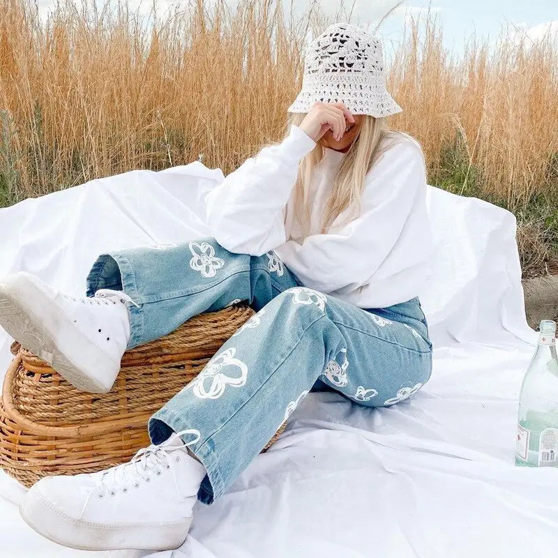 Y2k floral jeans - chic and trendy bohemian style