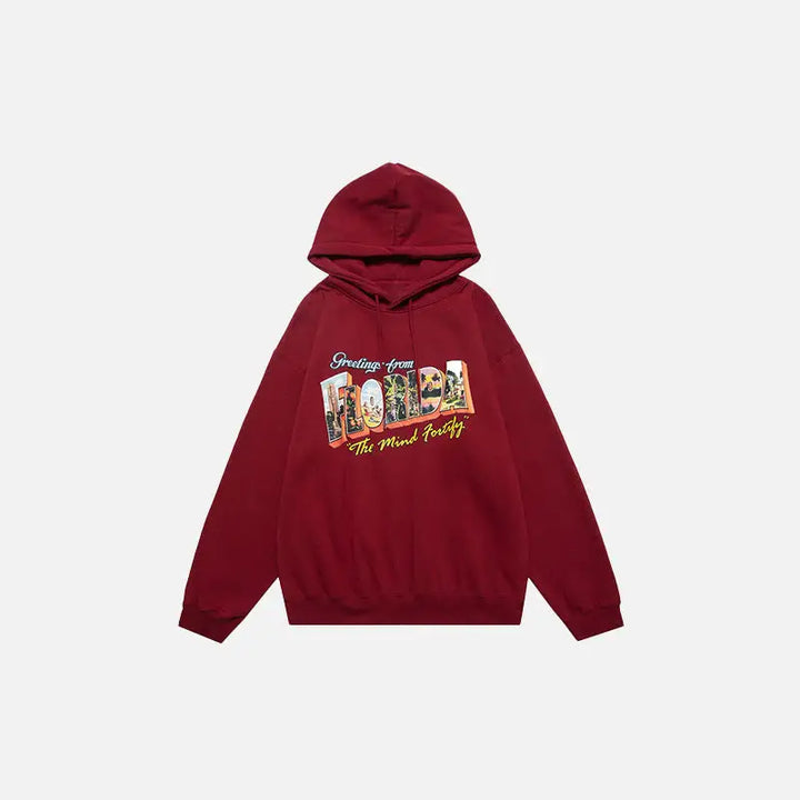 Y2k florida fleece letter print hoodie for ultimate comfort - red / m - hoodies