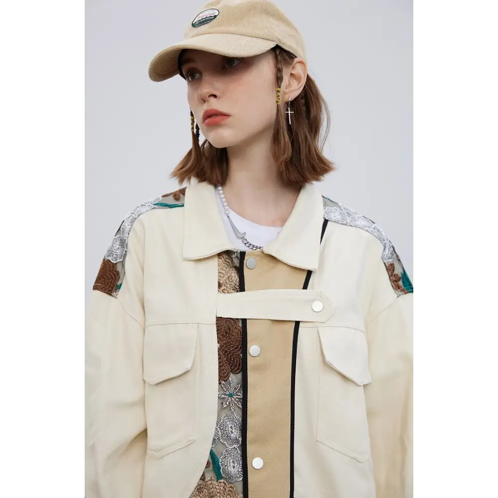 Y2k floral denim jacket in relaxed fit for stylish comfort