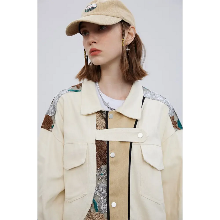 Y2k floral denim jacket in relaxed fit for stylish comfort