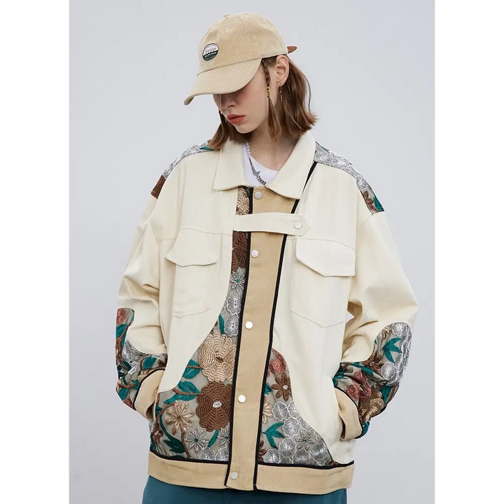 Y2k floral denim jacket in relaxed fit for stylish comfort