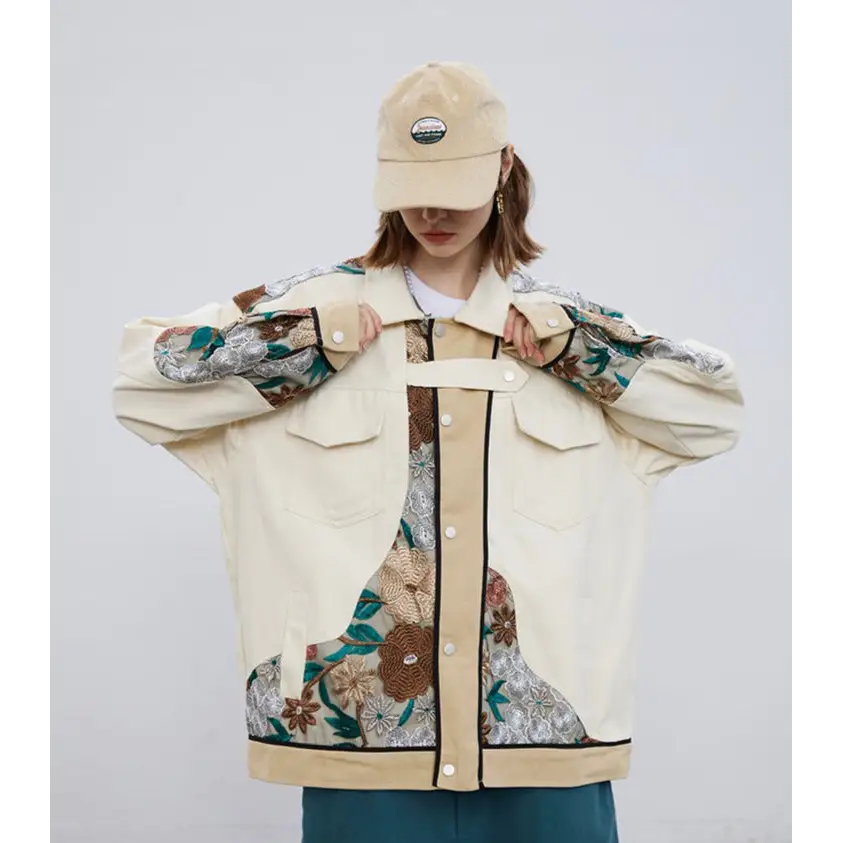 Y2k floral denim jacket in relaxed fit for stylish comfort