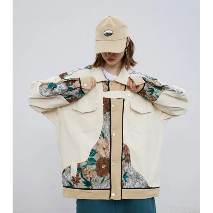 Y2k floral denim jacket in relaxed fit for stylish comfort