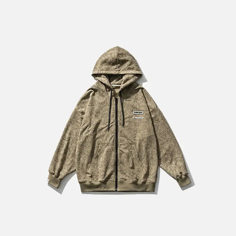 Y2k full print graphic zip hoodie for comfort and style - khaki / s - hoodies