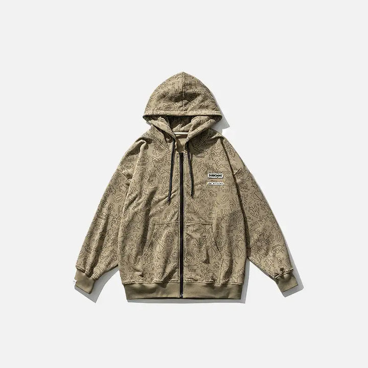 Y2k full print graphic zip hoodie for comfort and style - khaki / s - hoodies