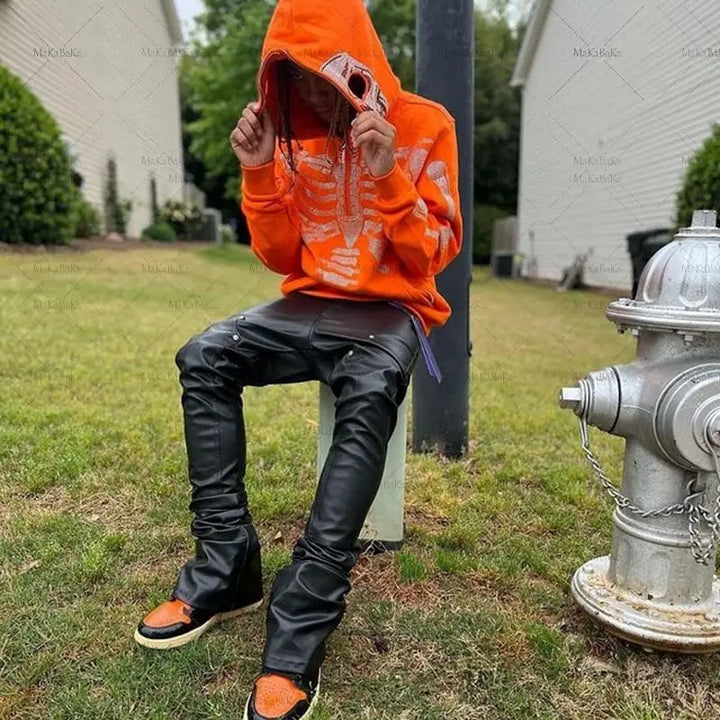 Orange y2k zipper jacket with skeleton pattern