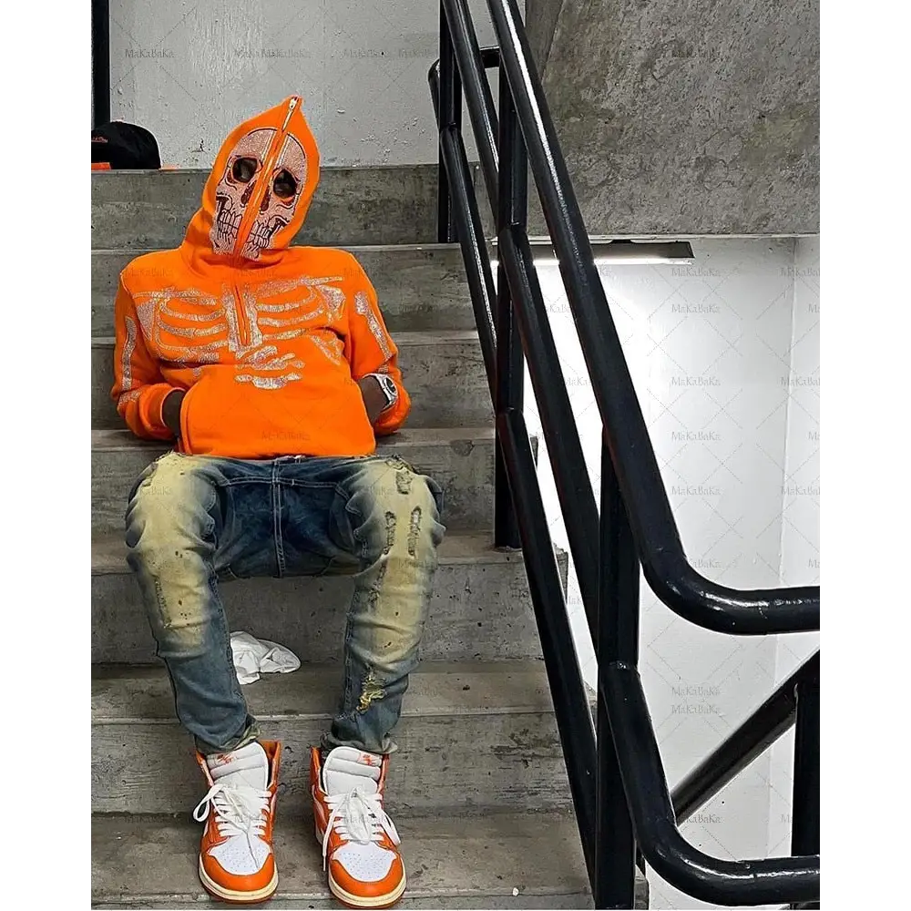 Orange y2k zipper jacket with skeleton pattern - s