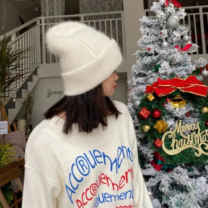 Y2k tri-ply fur knitted beanie in polyester blend with solid pattern - beanies