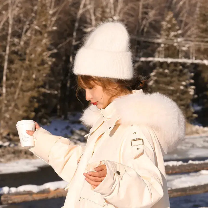 Y2k tri-ply fur knitted beanie in polyester blend with solid pattern - beanies