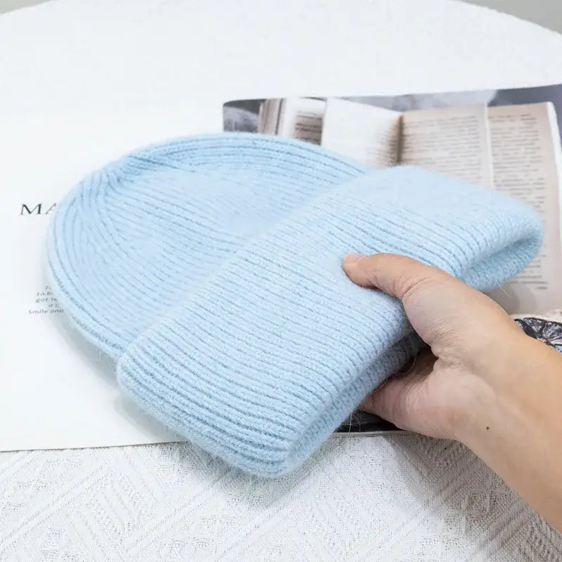 Y2k tri-ply fur knitted beanie in polyester blend with solid pattern - blue / 54-60cm - beanies