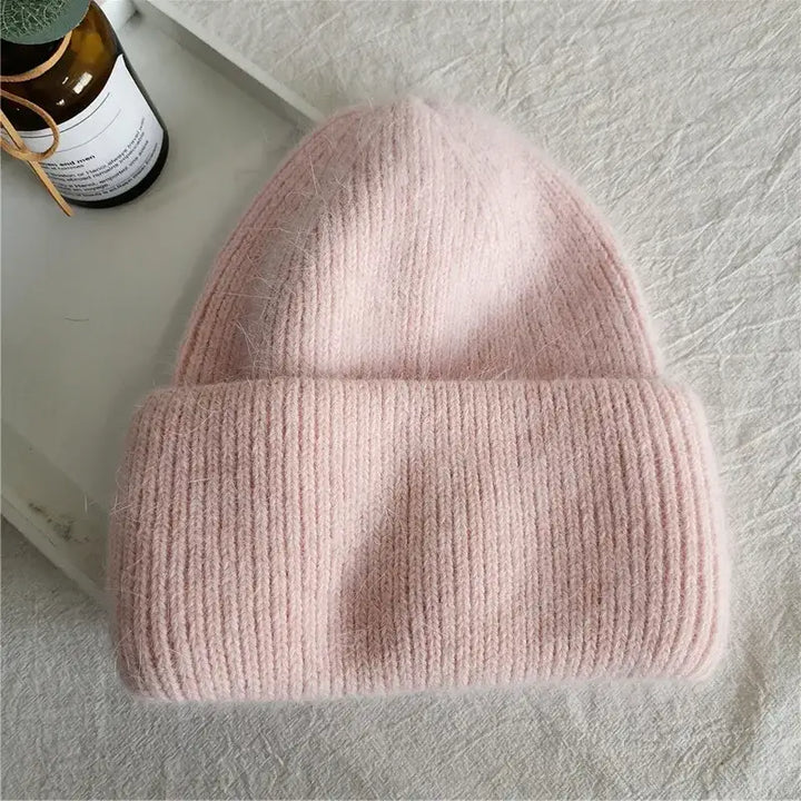 Y2k tri-ply fur knitted beanie in polyester blend with solid pattern - pink / 54-60cm - beanies