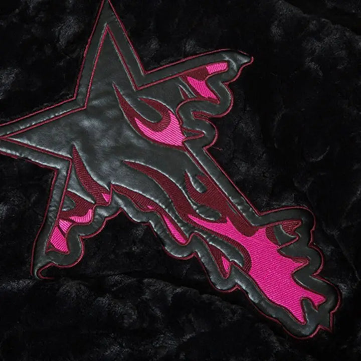 Black fuzzy embroidery y2k jacket for nostalgic style