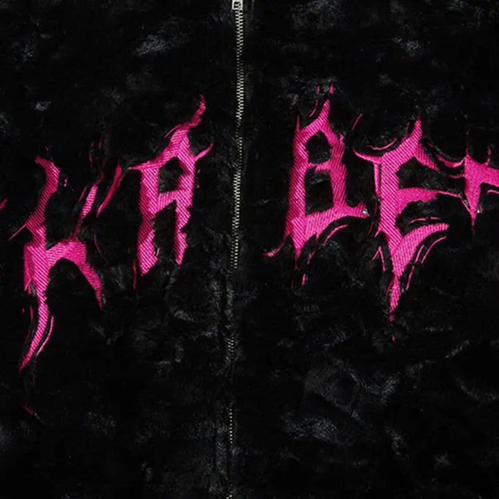 Black fuzzy embroidery y2k jacket for nostalgic style