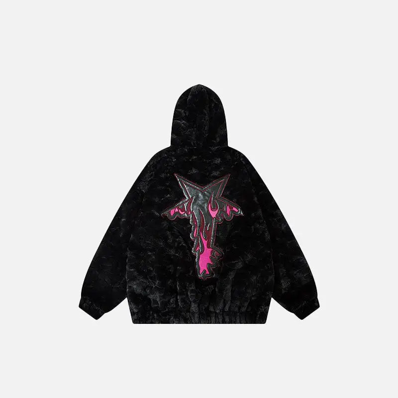 Black fuzzy embroidery y2k jacket for nostalgic style