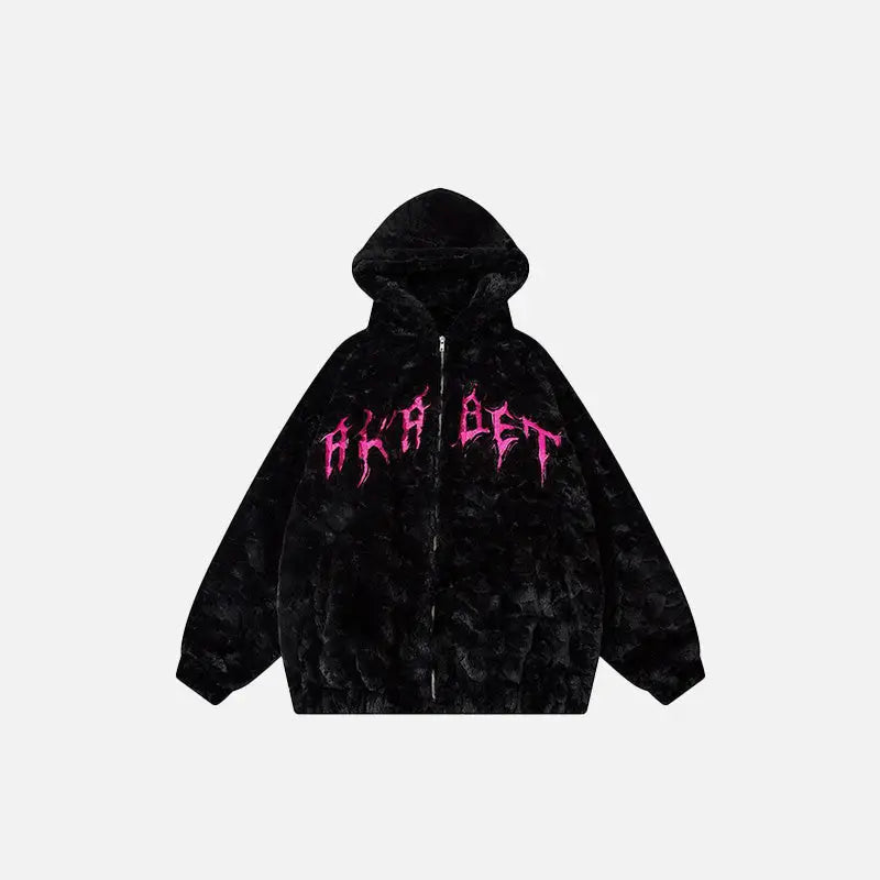 Black fuzzy embroidery y2k jacket for nostalgic style - m