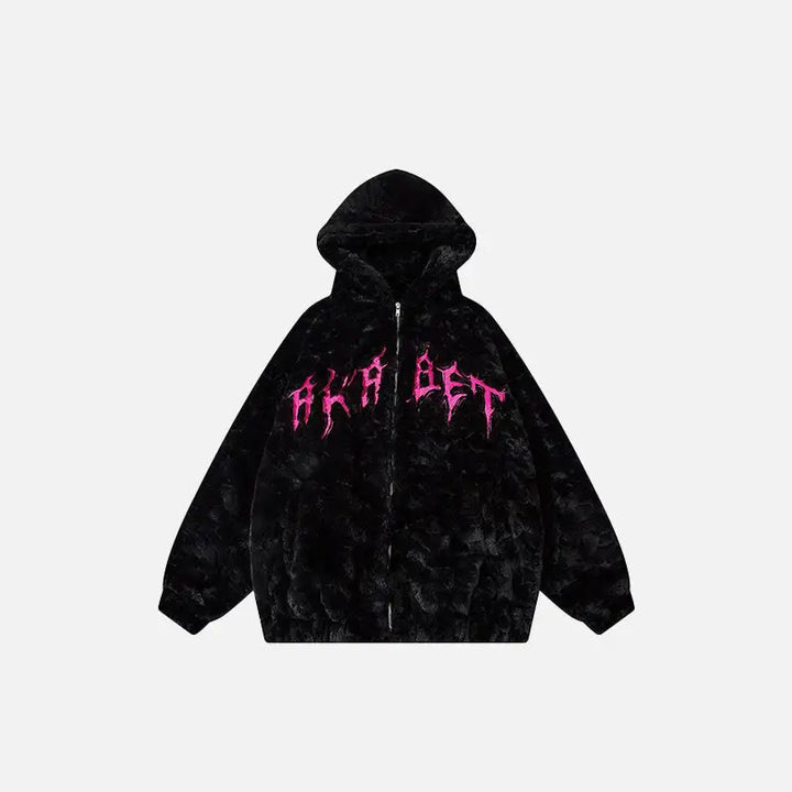 Black fuzzy embroidery y2k jacket for nostalgic style - m