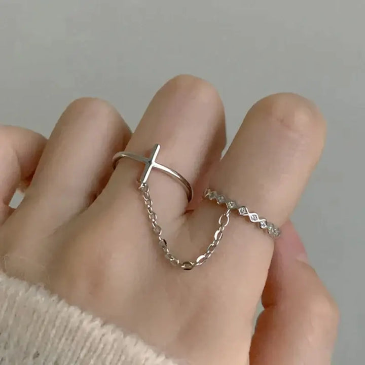 Geometric punk rings set with y2k wrist chain for trendy styling - 17