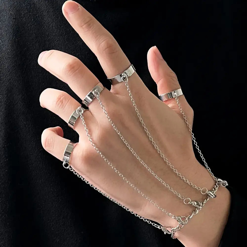 Geometric punk rings set with y2k wrist chain for trendy styling - 2