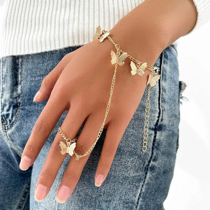 Geometric punk rings set with y2k wrist chain for trendy styling - 4