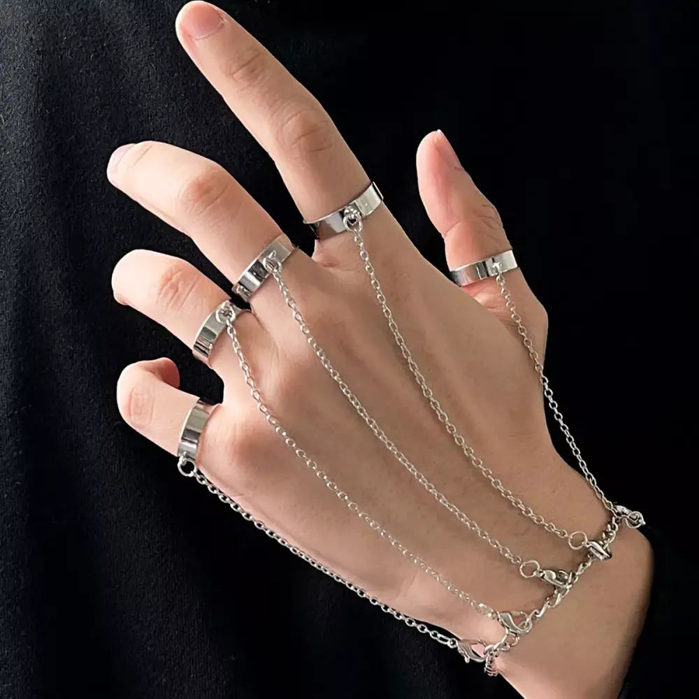 Geometric punk rings set with y2k wrist chain for trendy styling