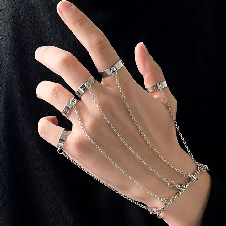 Geometric punk rings set with y2k wrist chain for trendy styling