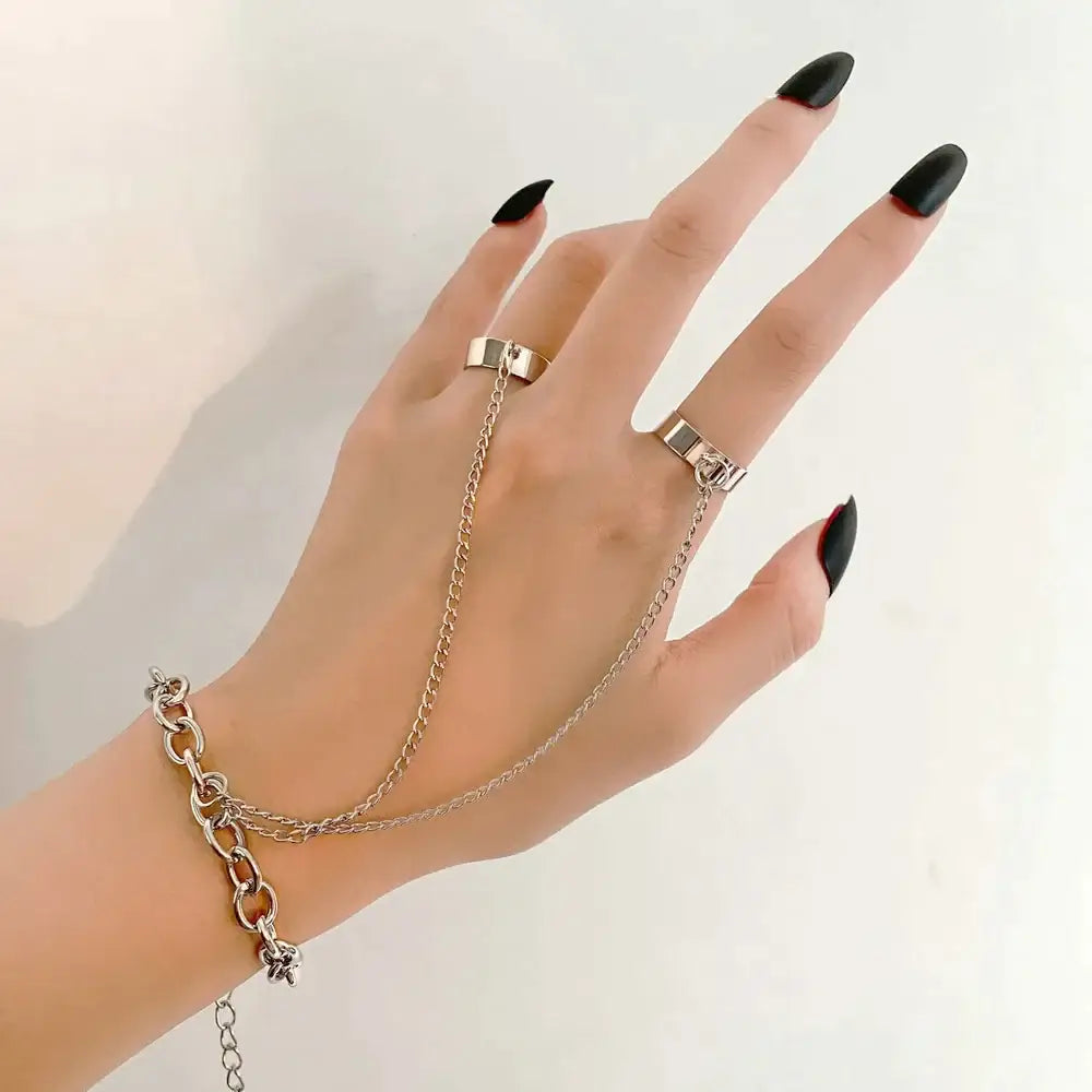 Geometric punk rings set with y2k wrist chain for trendy styling