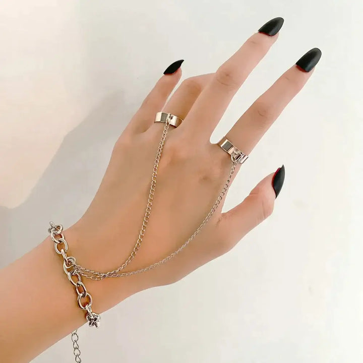 Geometric punk rings set with y2k wrist chain for trendy styling