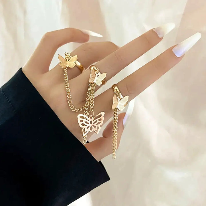 Geometric punk rings set with y2k wrist chain for trendy styling - 7