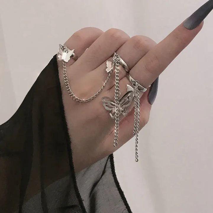 Geometric punk rings set with y2k wrist chain for trendy styling