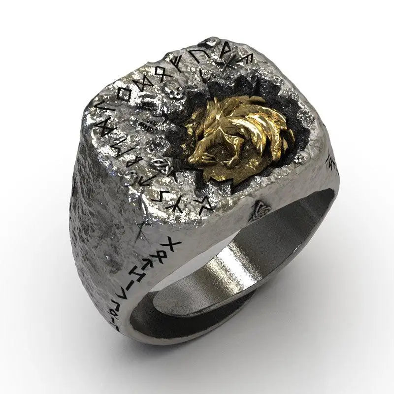 Golden viking wolf head ring in titanium for bold style - opening adjustable 54-67mm - rings