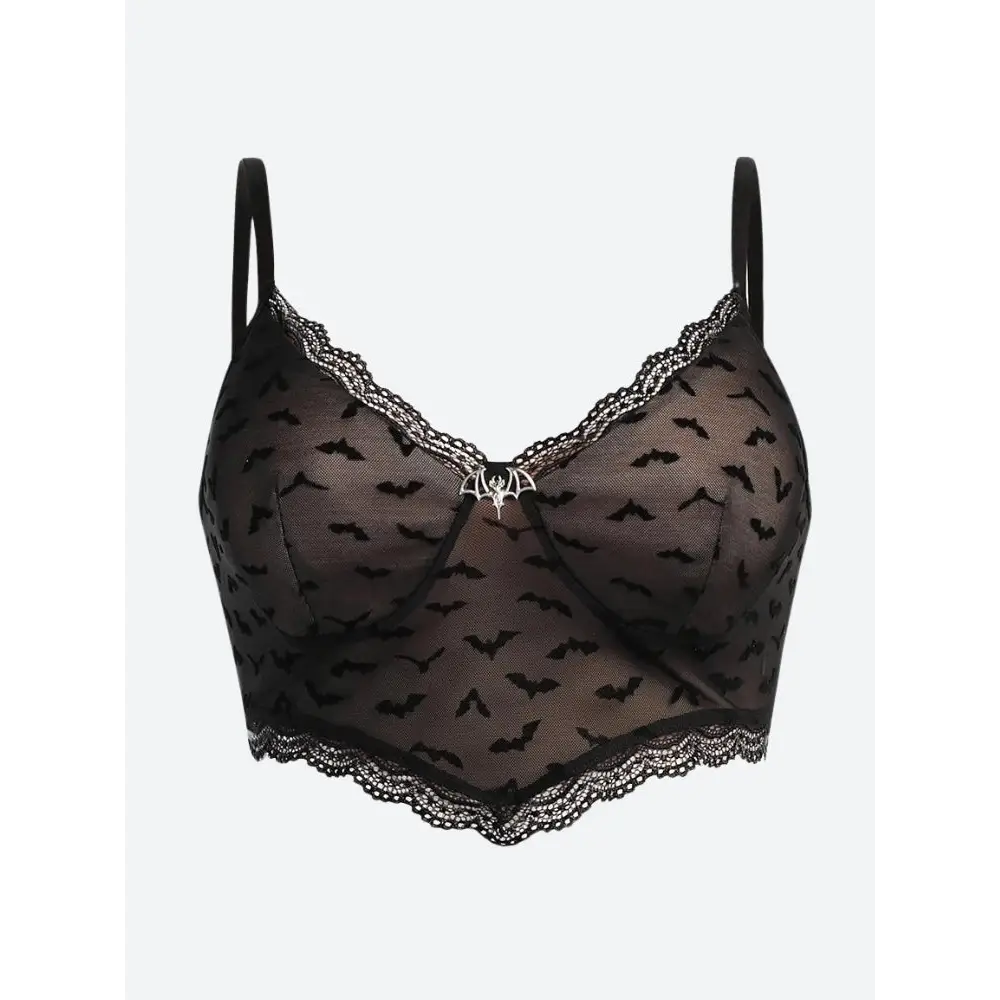 Black mesh bustier with lace trim and bat motifs for y2k style - crop top