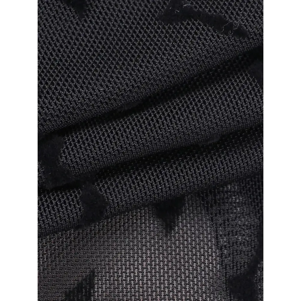 Black mesh bustier with lace trim and bat motifs for y2k style - crop top