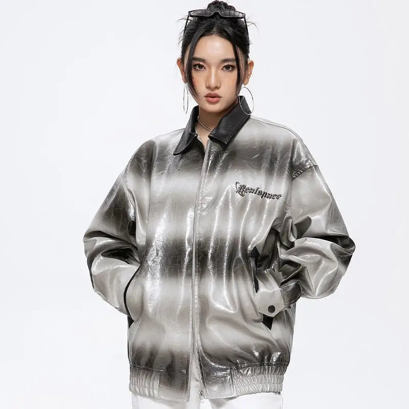 Y2k gradient turndown collar leather jacket for fashion-forward trends - jackets