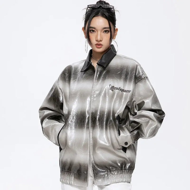 Y2k gradient turndown collar leather jacket for fashion-forward trends - jackets