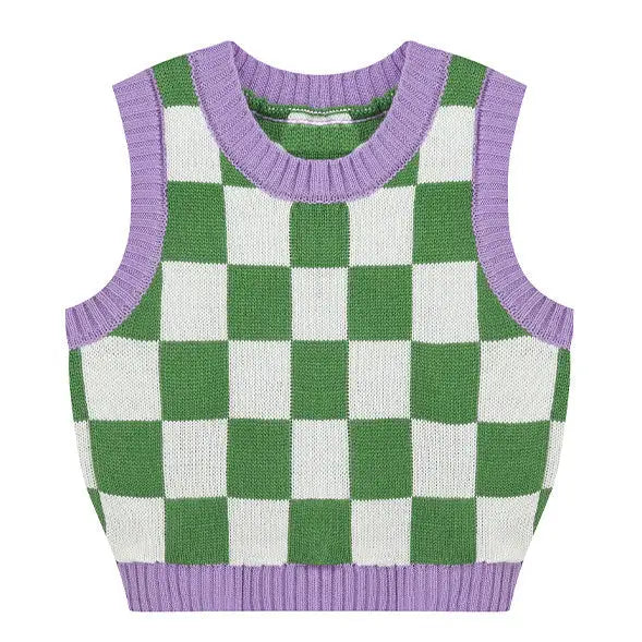 Y2k green and purple checkered knit sweater vest with ribbed trim - free size / green/purple