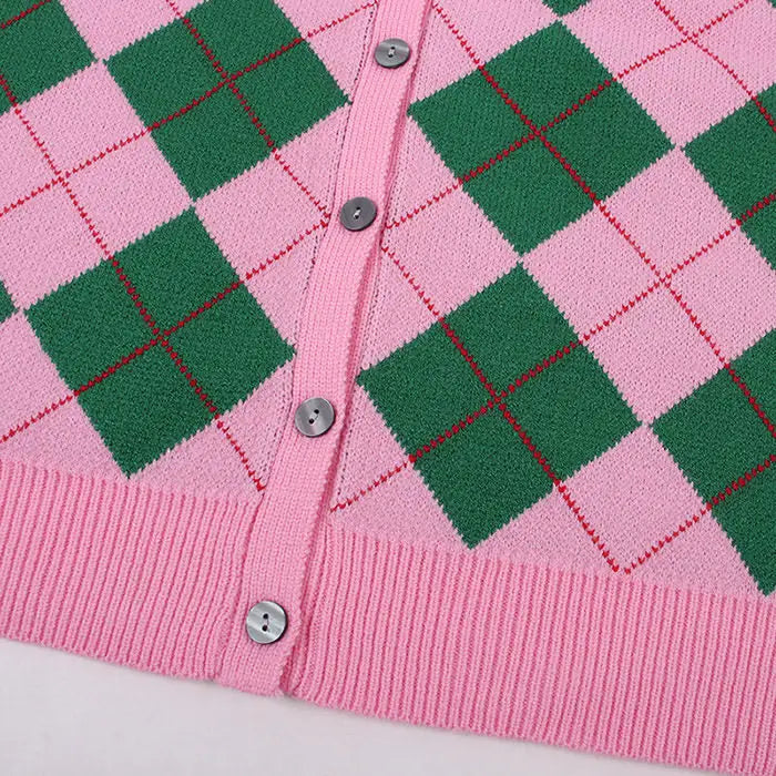 Pink argyle cardigan v-neck y2k style full zip jacket